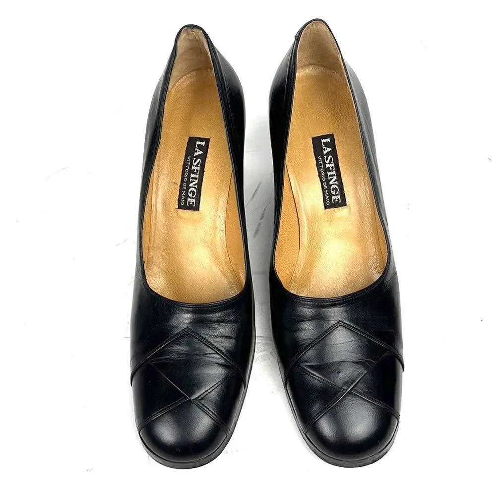 Black Leather Italian made Pumps Heels LA SFINGE by Vittorio De Maio size 9,5